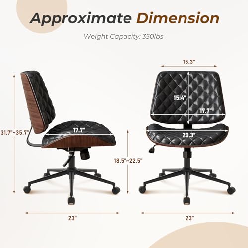 Furnimart Wooden Armless Desk Chair with Wheels, 360° Swivel Faux Leather Vanity Chair for Bedroom, Small Office Computer Task Chair for Home & Compact Spaces (PU Black) - color: Pu-black
