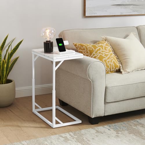 C-Shaped End Table, Small Sofa Table with Metal Frame, Adjustable Height Side Table for Couch, Living Room, Bedroom, Bedside (White, Medium) - color: White, size: Medium