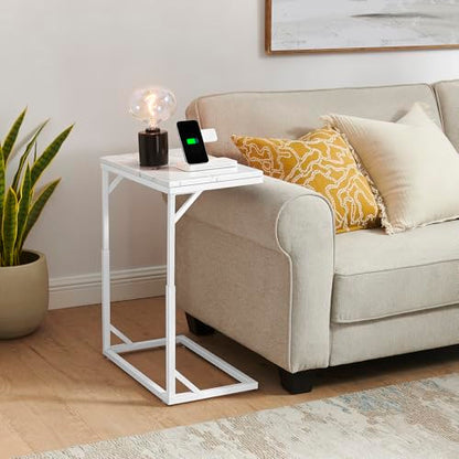 C-Shaped End Table, Small Sofa Table with Metal Frame, Adjustable Height Side Table for Couch, Living Room, Bedroom, Bedside (White, Medium) - color: White, size: Medium