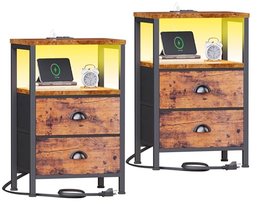 Night Stand Set 2 with Charging Station, LED Light, 2 Drawers, Rustic Brown | Night Stand Set 2 with USB & Outlets, Side Table with Storage, Industrial End Table, for Living Room/Bedroom, Dorm - color: Rustic Brown