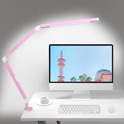 Architect Desk Lamp with Clamp, Led Desk Lamp with Dual Light Bars and Adjustable Swing Arm, Clip-on Stepless Dimming Table Light Computer Lighting for Home Office Sewing Painting Hobby - color: Pink+Touch