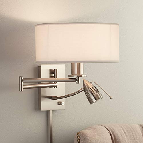 Radix Plug-In Swing Arm Wall Lamp with LED Reading Arm Modern Light Fixture | Mounted Adjustable Brushed Nickel Off White Drum Shade for Bedroom Bedside House Living Room Home Hallway - color: Brushed Nickel