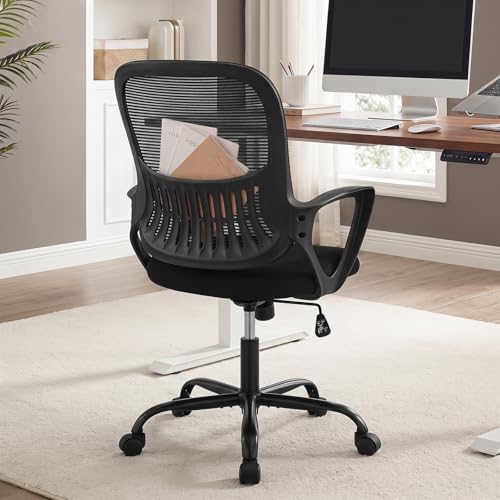 Home Office Desk Chair, Lumbar Support, Mesh Back Computer Chair | Height Adjustable, Mesh Mid-Back, Ergonomic Task Gaming Chair with 360° Swivel Wheels, Lumbar Support, Black - color: Black, size: 18.5D'' Flixed Arms