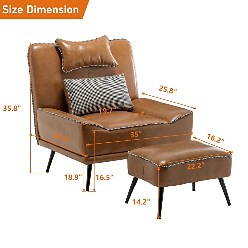 35" Accent Chair with Ottoman, Wide PU Leather Chair and Ottoman | Oversized Upholstered Armless Chair Mid Century Modern Side Chair with Ottoman For Living Room Bedroom Lounge Chair Brown - color: Brown