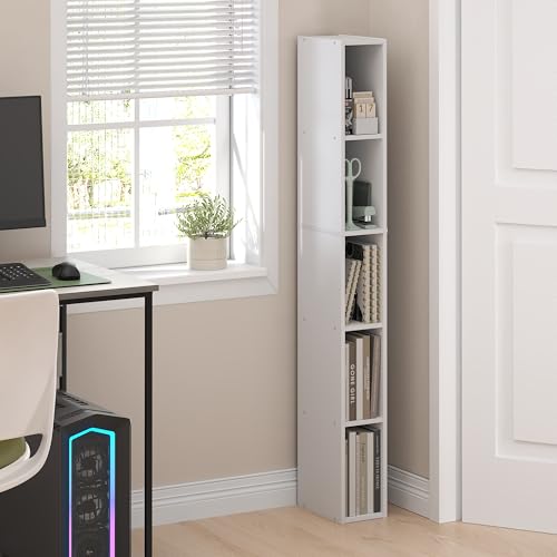 Furinno Fulda Book Shelf, 5-Tier Tall Narrow Bookshelf, Standing Bookcase with 6-in Width Storage Shelf, 9.3 x 5.9 x 51.9, for Organization Storage, for Living Room, Bedroom, Home Office, White - color: White, size: 5-Tier, 6W