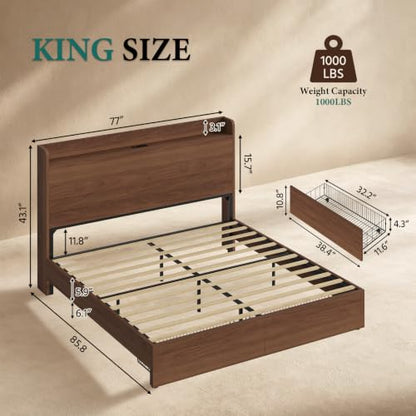 King Size Bed Frame with Storage Headboard & 2 Drawers, Mid-Century Modern Platform Bed with Charging Station & Shelf, Wooden Slat Support, No Box Spring Needed (King (U.S. Standard)) - size: King (U.S. Standard)