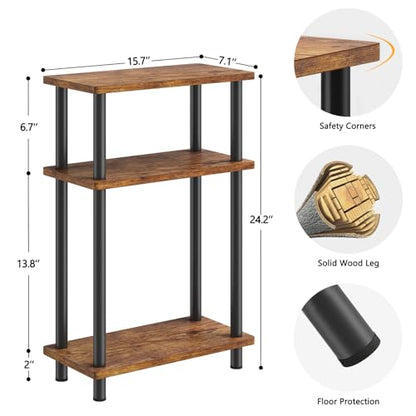 Apicizon Small Narrow Side Table, 3-Tier Skinny End Table, Brown and Black | Sofa Side Table, Slim End Table, Wood Storage Shelf, Slim Nightstand Bedside Table for Narrow Spaces, Living Room, Bedroom - color: Rustic Brown and Black, style: Narrow Side Tab