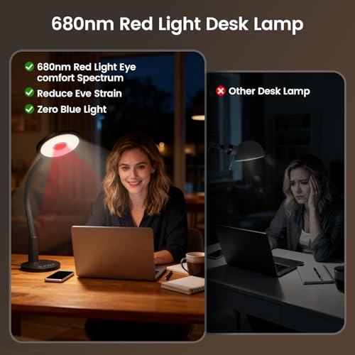 Glendan Desk Lamp for Home Office: Eye-Caring LED Red Light Desk Lamp, 10 Brightness & Flexible Gooseneck, Dimmable Desk Light with Memory & Timer, Table Lamp for Study, Bedroom