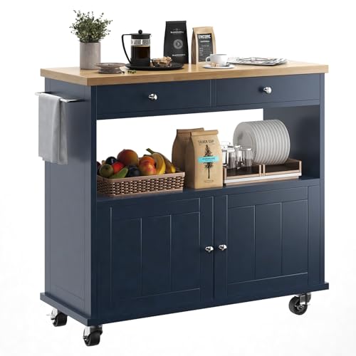 knoworld 롤링 키친 아일랜드, 보관 캐비닛 포함, 89.9cm(35.4인치) 너비 주방 카트, 서랍 아일랜드 테이블 2개, 수건 걸이가 있는 휴대용 모바일 주방 아일랜드, 나무 상단 및 잠금 가능한 바퀴, 블루 - color: 블루., size: NO Drop Leaf