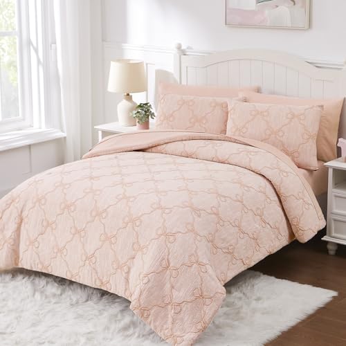 Twin Comforter Set with Sheets for Girls-5 Pieces Bow Twin Bedding Sets | Soft Jacquard Bed Set with Blush Comforter, Pillowcases & Shams, 66" X 86" - color: Apricot Blush Diamond, size: Twin