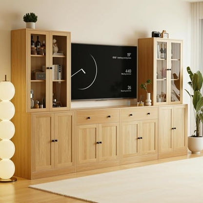 TUSY 71" TV Stand Storage Set - 2 Tall Bookcases & 2 Side Cabinets, Media Console with Glass & Wood Doors, Entertainment Center with Drawers, Tall Media Console for Living Room (Wood, AEEA) - color: Wood