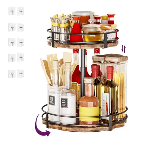 Heavy-Duty 2-Tier Lazy Susan Organizer, Adjustable to Different Heights, Countertop Spice Rack, Upgraded Thickened Wooden Board, Suitable for Seasoning Organizer, Kitchen Organization