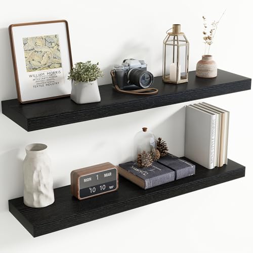 40 Inch Floating shelves for Wall, 8 Inch Deep, Invisible Brackets, Black | Rustic Wall Mounted Shelf, Storage & Display, Wooden Shelves for Living Room, Kitchen, Bathroom and Home Decor, Set of 2 - color: Black, size: 40 Inch, Set of 2
