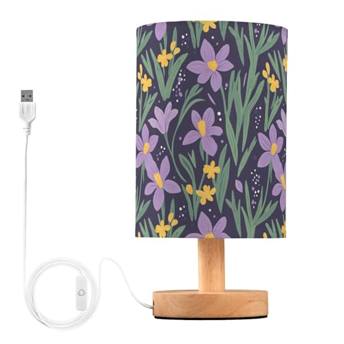 Purple Irises Flowers Yellow Daffodils Floral Bedside Table Lamps with USB Port for Bedroom Lamp Small Nightstand Lamp Sturdy Linen Shade Wooden Decorative Lamps for Living Room Home Dorm Kids - color: Purple Irises Flowers