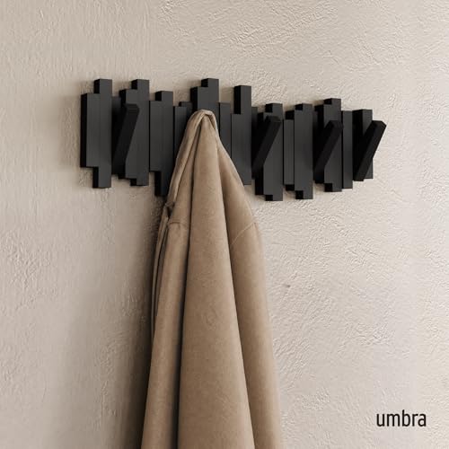 Umbra Sticks Wall Mount Coat Rack, 5 Hook Retractable Pegs, Black | Mounting hardware included, sculptural modern design, entryway or bedroom use, recycled plastic - color: Black, size: 5-Hook