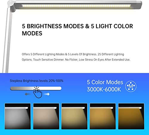 Ambertronix LED Desk Lamp with USB Charging Port, Dimmable Eye-Caring Reading Desk Light for Home, with 5 Brightness Level & 3 Lighting Modes, Touch Control, Auto Timer (White) - style: Modern