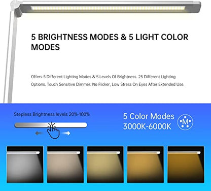 Ambertronix LED Desk Lamp with USB Charging Port, Dimmable Eye-Caring Reading Desk Light for Home, with 5 Brightness Level & 3 Lighting Modes, Touch Control, Auto Timer (White) - style: Modern