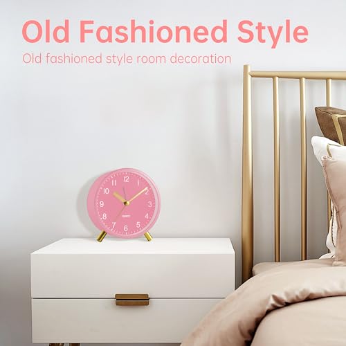 JALL Analog Alarm Clock, 4 inch Super Silent Non Ticking Small Clock with Night Light, Battery Operated, Simple Design, Easy Setting for Office, Bedroom, Bedside, Desk, Teens, Elders, Adult, Pink - color: Pink+gold