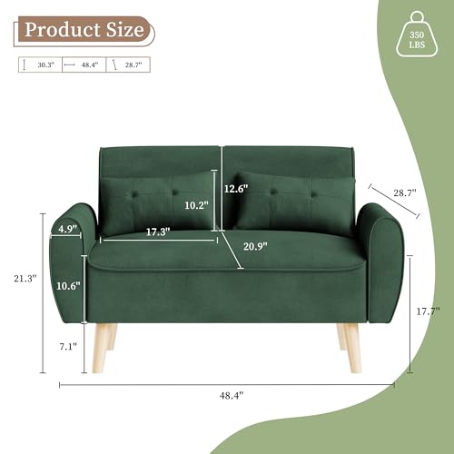 Vongrasig 47" Small Modern Loveseat Sofa, Mid Century Linen Fabric 2-Seat Sofa Couch Tufted Love Seat with Back Cushions and Tapered Legs for Living Room, Bedroom and Small Space (Green) - color: Green