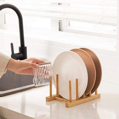 HBlife 2pcs Bamboo Dish Plate Bowl Cup Book Pot Lid Cutting Board Drying Rack Stand Drainer Storage Holder Organizer Kitchen Cabinet（Keep Dry） - color: Bamboo 4 Slots 2pcs