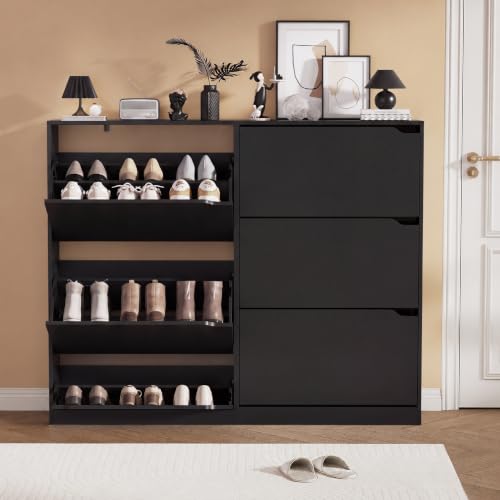 Black Hidden Shoe Storage Cabinet for Entryway with 6 Flip Drawers | Slim & Narrow Design Saves Space, Adjustable Shelves Fit Various Shoes, Ventilation Reduces Odors, Anti-Tip Safety - color: Black, size: Regular 6 Drawers