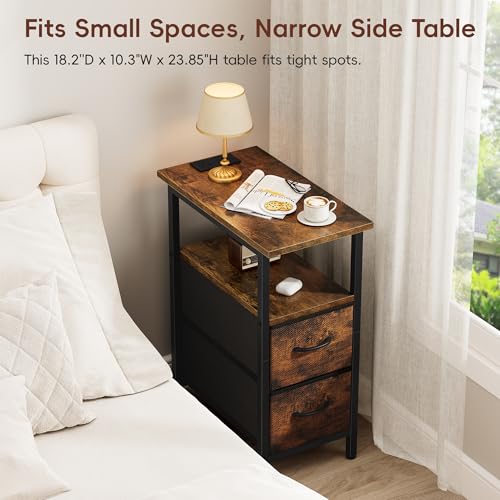 Set of 2 Nightstand with Charging Station and LED Lights, Narrow Side Table, LED Night Stand with 2 Fabric Drawers, Bedside Table Small End Table, Tall Nightstand for Bedroom, Rustic Brown - color: Rustic Brown, size: 2, style: With LEDs