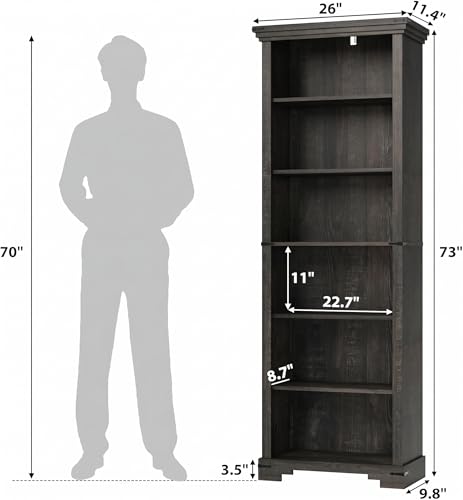 6-Tier Farmhouse Bookshelf, 73 inch Tall Book Shelf with Unique Design & 2 Adjustable Shelves, Wooden Bookshelf for Study Room, Living Room, Kitchen, Bedroom (Black) - color: Black, size: 6-tier