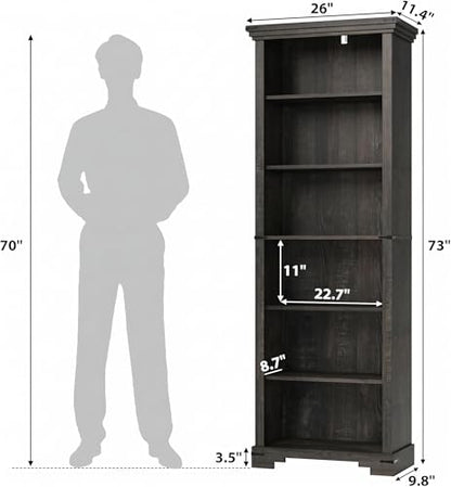 6-Tier Farmhouse Bookshelf, 73 inch Tall Book Shelf with Unique Design & 2 Adjustable Shelves, Wooden Bookshelf for Study Room, Living Room, Kitchen, Bedroom (Black) - color: Black, size: 6-tier