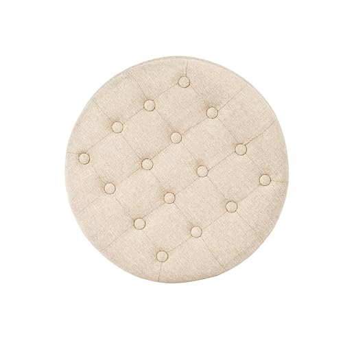 HomePop 19" Button Tufted Round Storage Ottoman - Tan Woven - color: Tan Woven