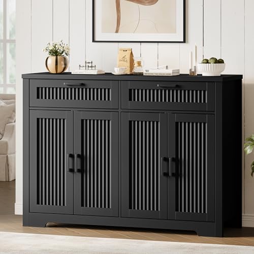 Fluted Buffet Sideboard Cabinet with Storages, Buffet Table with Drawers | Coffee Bar Console Table with 2 Drawers & 4 Doors and Adjustable Shelves, Sideboard with Metal Handles, Black - color: Black, size: 4 Doors & 2 Drawers