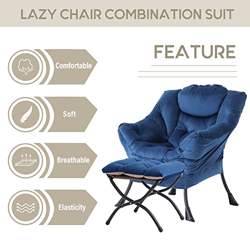 Lazy Chair with Ottoman, Comfy Accent Reading Chair, Velvet RoyalBlue | Foldable Footrest,Removable Cover,with Armrests and Side Pockets,Upholstered Lounge Chair for Bedroom,Dorm,Office,Small Space - color: Velvet Royalblue