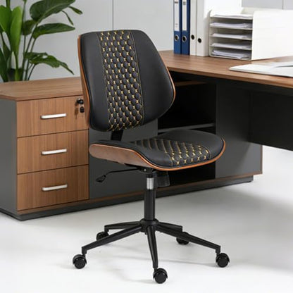 Modern Walnut Home Office Chair, Black-Embroidery | Executive Desk Chair No Armswith Wheels, Adjustable Height, Comfy PU, Deeper Cushion, Mid Back, 360 Swivel Computer Chair - color: Black-embroidery