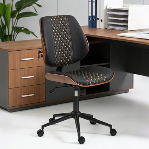 Modern Walnut Home Office Chair, Black-Embroidery | Executive Desk Chair No Armswith Wheels, Adjustable Height, Comfy PU, Deeper Cushion, Mid Back, 360 Swivel Computer Chair - color: Black-embroidery
