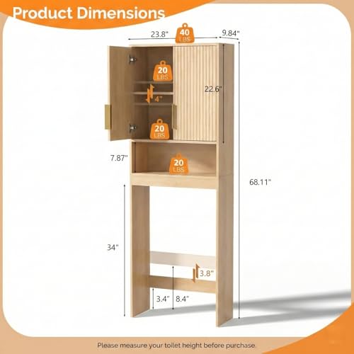VINGLI Over The Toilet Storage Cabinet with Fluted Doors, Mid Century Modern Bathroom Organizer Over Toilet, Freestanding Wooden Space Saver Stand with Adjustable Shelves, Natural Oak - color: Natural Oak, size: 9.5"D x 23.6"W x 68"H