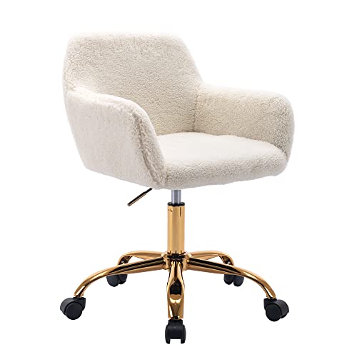 Faux Fur Office Desk Chair, Comfy Swivel Armchair with Wheels, Upholstered Fuzzy Vanity Chair, Adjustable Height, White | Fluffy Swivel Modern Armchair Upholstered Fuzzy Height Adjustable for Teens Women Girls Elegant for Living Room Bedroom - color: Whit