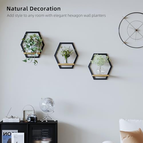 3 Pack Solid Wood & Metal Framework Wall Plant Stands,9 inch Natural Wood Shelf of Indoor,Mid Century Modern Hanging Planter for Outdoor Entryway 25 LB Load for Plants Black - color: black
