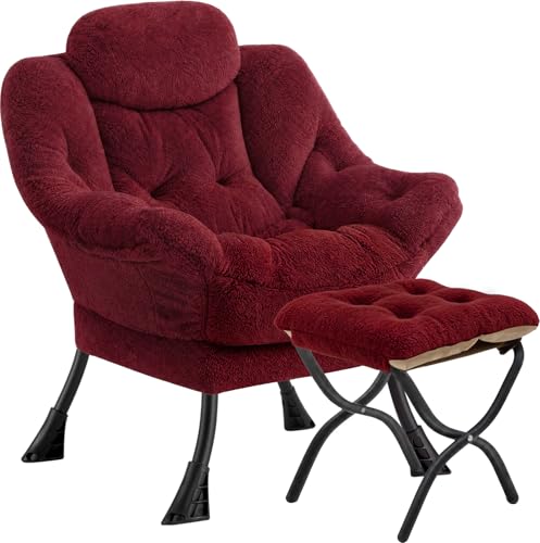 Lazy Chair with Folding Ottoman,Leisure Sofa Chair,Soft Fabric Armchair with Armrests and Side Pockets, Reading Chair with Footrest for Living Room, Bedroom, Office (Plush Red) - color: Plush Red