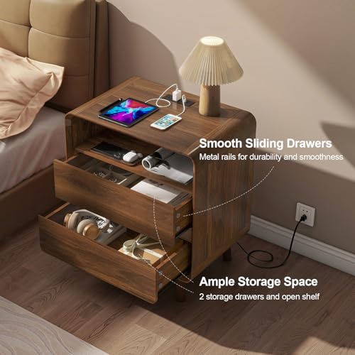 Nasonet Mid Century Modern Nightstand with Charging Station, Wood Bedroom End Tables Set of 2 Nightstands with Drawers, Bedside Table for Living Room, Curved Profile Design, Walnut - color: Walnut, size: 2 Drawers
