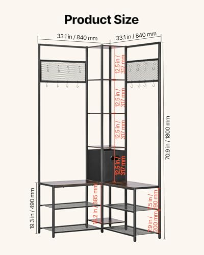 VEVOR Corner Hall Tree with Shoe Bench, 70.9 in Coat Rack with Hooks and Steel Frame, Freestanding Clothes Shoes Rack Storage Organizer with Anti-Tip Set, for Entrance, Closet, Office, Rustic Brown - size: 33.1 x 33.1 x 70.9 in