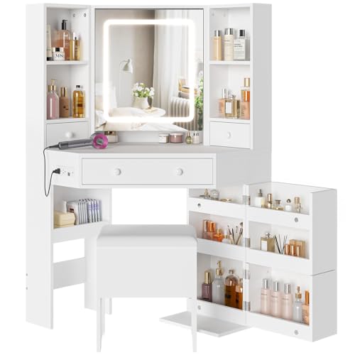 Corner Vanity Desk with Lights and Charging Station, Makeup Vanity with Lights, Vanity Set with Mirror and Storage Stool, Makeup Table with Drawers, Rotating Shelves, White - style: Modern White