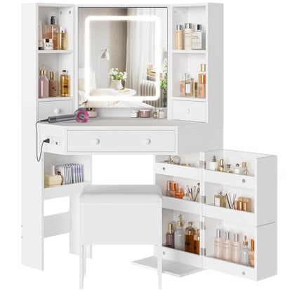Corner Vanity Desk with Lights and Charging Station, Makeup Vanity with Lights, Vanity Set with Mirror and Storage Stool, Makeup Table with Drawers, Rotating Shelves, White - style: Modern White