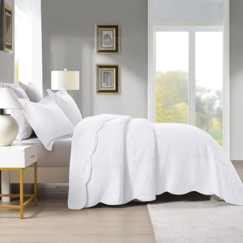 MarCielo 3-Piece 100% Cotton Oversized Bedspread Lightweight Quilt Coverlet Embroidery Farmhouse Bedding Set (TG Bright White, Oversized Queen (100"x106")) - color: Tg Bright White, size: Oversized Queen (100" x 106")
