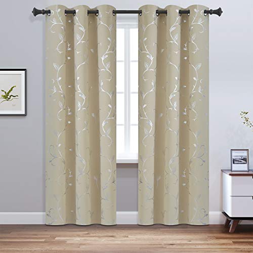 BUHUA Thermal Insulated Blackout Curtains with Striped Wave Vine Print Window Curtains for Living Room 38W×72L Beige 2 Panels - color: Beige, size: 38"W x 72"L (Pack of 2)