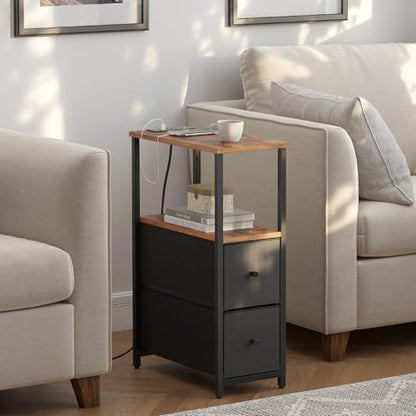 TUTOTAK Narrow End Table with Charging Station, Skinny Side Table | Bedside Table with Outlets, Nightstand with 2 Cloth Drawers, Couch Table for Living Room, Bedroom, Brown and Black TB01BB055K - color: Brown and Black, style: 2 Drawers & Plug