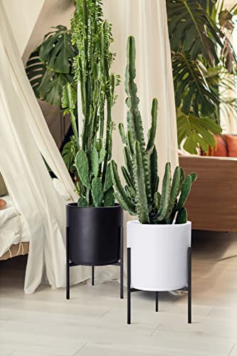 D'vine Dev Cylinder Planter Pot with Metal Stand, Black, 10 in, 96-T-B-2 | Durable Fiberclay Construction, Sleek Modern Design, Heavy-Duty Iron Stand, Drainage Hole & Saucer, Elegant Indoor Display - color: Black, size: Medium 10 Inch