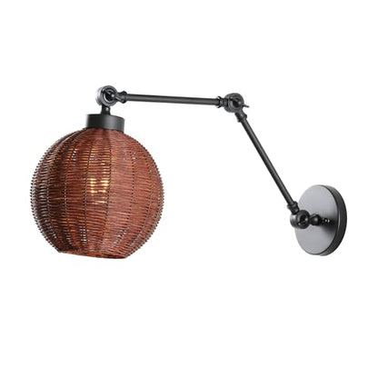 JONATHAN Y Lyla 8.38" 1-Light Swing Arm Sconce Rattan, Black/Dark Brown | Mid-Century Vintage Bohemian Globe Shade, Reading Light, Metal Construction, Hardwired, LED Bulb Included