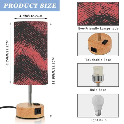 Kigai Red Black Folded Threads Touch Control Bedside Table Lamp 3 Way Dimmable Nightstand Lamp with USB A+C Charging Ports & AC Outlet Fabric Shade for Bedroom Desk Living Room