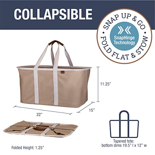 CleverMade Collapsible Laundry Tote LUXE, 50L Carry-All Tote, 2 Pack, Mocha | Bring a Polished Look to Laundry Day | Cotton-Blend Fabric and Vegan Leather Pair with Long Handles and 55 lb Support - color: LUXE Mocha