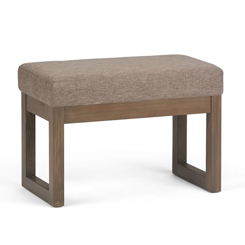 SIMPLIHOME Milltown 27" Wide Linen Look Rectangle Ottoman in Fawn Brown | Contemporary upholstered ottoman with a cushioned seat for extra seating in the bedroom; footstool, footrest or bench. - color: Fawn Brown, style: Small Ottoman Bench