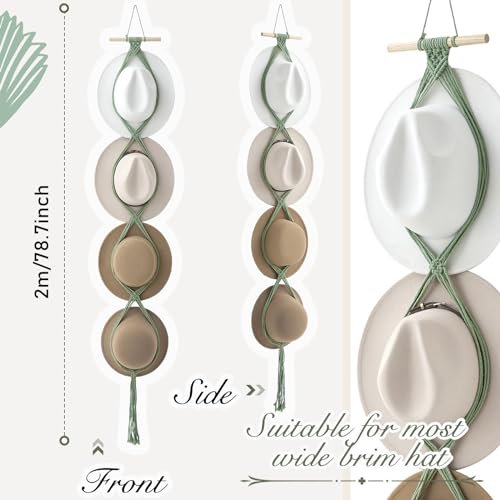 Macrame Hat Hangers Racks Boho Cowboy Hats Holders Western Display Organizer Storage decor Back of Door for Wall(Sage Green,Four Hats Style) - color: Sage Green, style: Four Hats Style